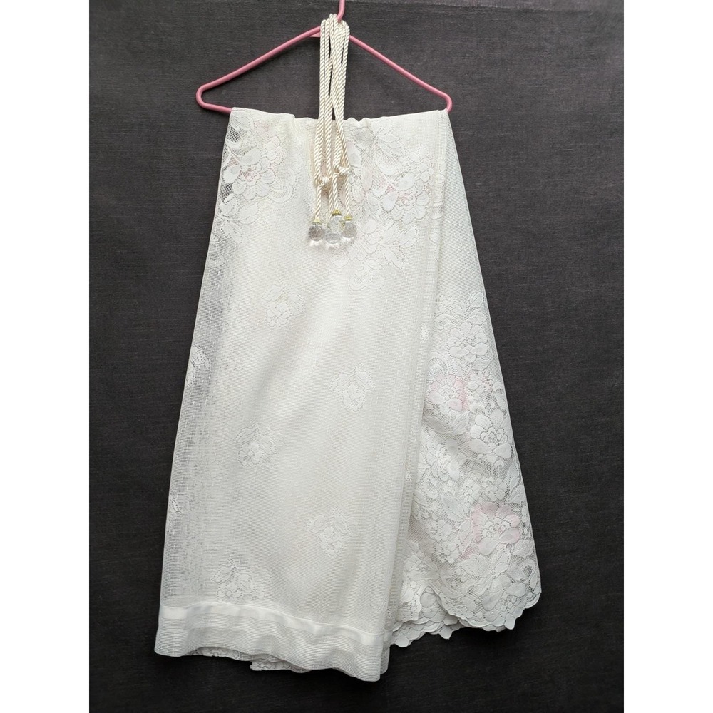 Vintage Lace Curtain Panels White/Pink Roses & 2 Curtain Tiebacks Cottage Core